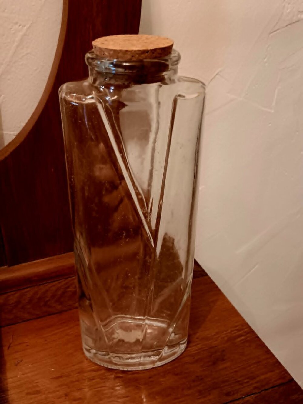 Antique/MCM Art Deco Ann's House of Nuts Clear Swirled Glass Bottle, orig cork